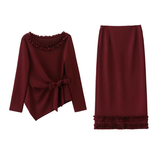 优雅风套装两件套洋气春季新女装不对称系带上衣木耳边拼接两件套HR-SNX3229 商品图4