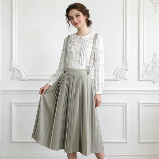 Famecoco减龄文艺宽松A字背带裙纯色松紧腰百褶半身裙FAB1FE003 商品图0