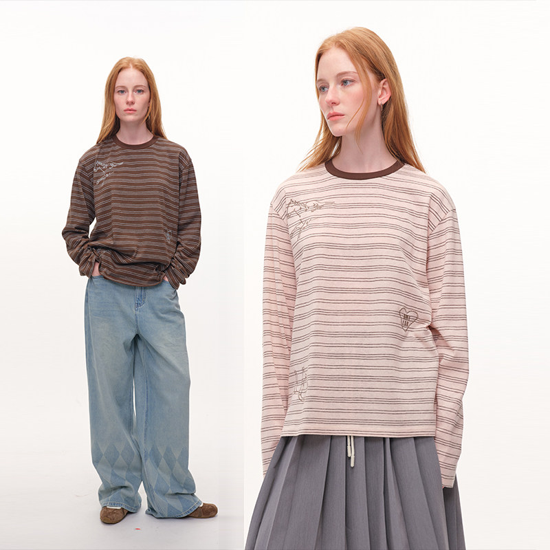 UMILAB｜天马座*反emo穿搭 原创刺绣仿麻棉 显白条纹长袖T恤T789V