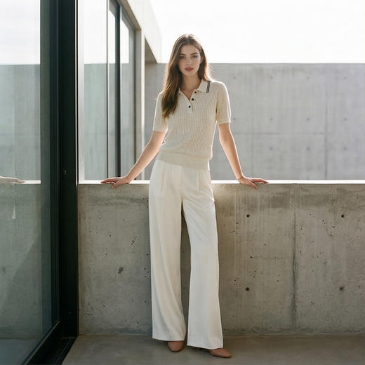 PALUOPO/PL羊毛亚麻混纺坑条 POLO 衫撞色翻领针织短袖ES250951M 商品图7