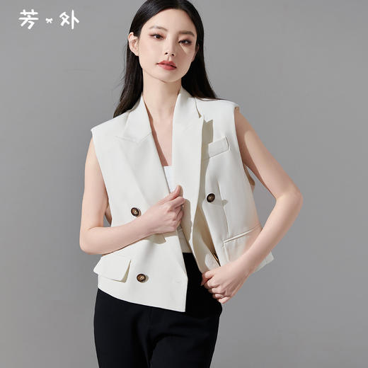 剩L/XL 芳外2026春季新款黑色百搭双排扣无袖外套女宽松休闲短款马夹0092 商品图0