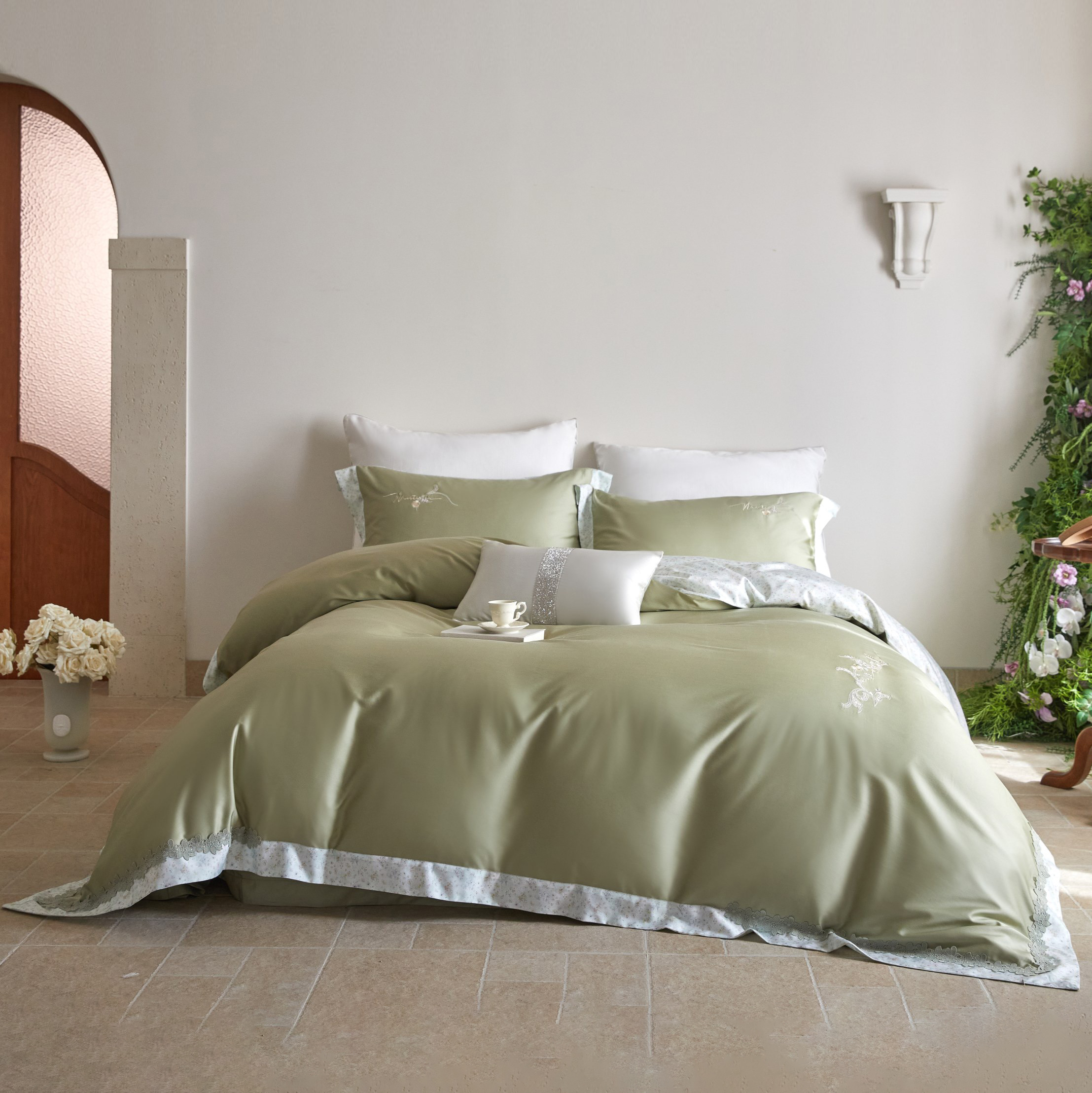 天丝棉四件套-花畔  (35%棉 65%莱赛尔) 一床双风格，承包四季温柔