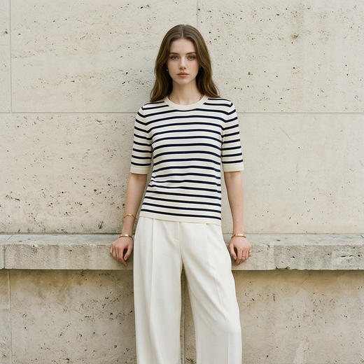 King Deer/鹿王春夏女士休闲时尚圆领短袖针织条纹衫L804022拼色 商品图3