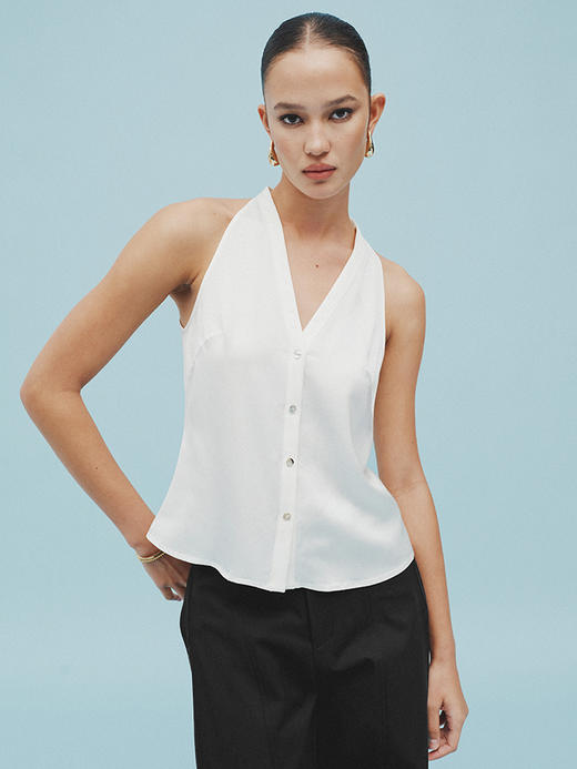 TR她热 银座通勤 白色缎面V领单排扣简约风百搭通勤衬衫式挂脖背心 商品图3