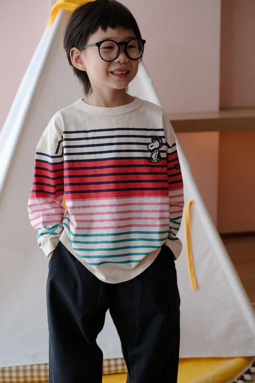 【小大人舒适圈】2026春季D日系儿童竹节棉！史奴狗刺绣满印彩色条纹圆领长袖T恤！ 商品图3