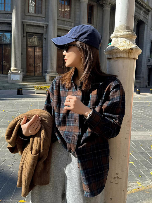 春秋磨毛韩国订单美翻格子控衬衫外套开衫 商品图13