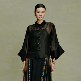 【林栖设计小店】月夜清影|黑色丝麻五瓣梅宽松2026夏新款翻领衬衣1962027