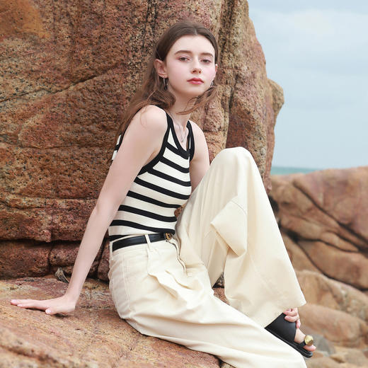 三彩2026夏季新款条纹背心吊带圆领无袖修身短款冰丝针织衫显瘦M 商品图1