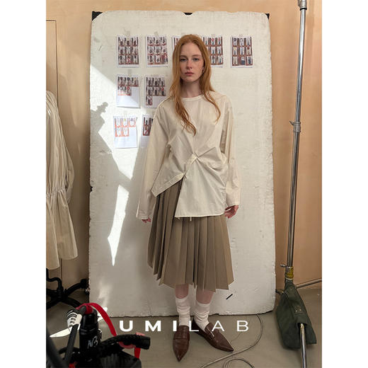 UMILAB｜错位时空*原创异形立体斜裁 100%精梳棉捏褶圆领条纹衬衫H1330V 商品图2