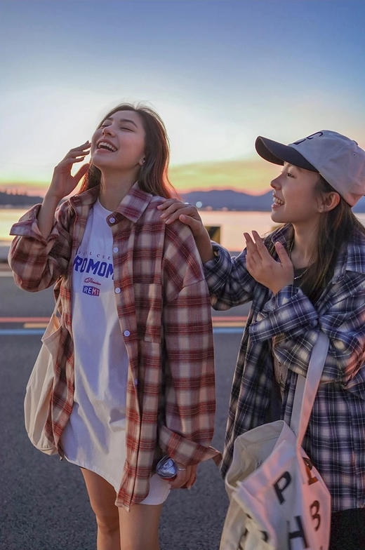 春秋磨毛韩国订单美翻格子控衬衫外套开衫 商品图0