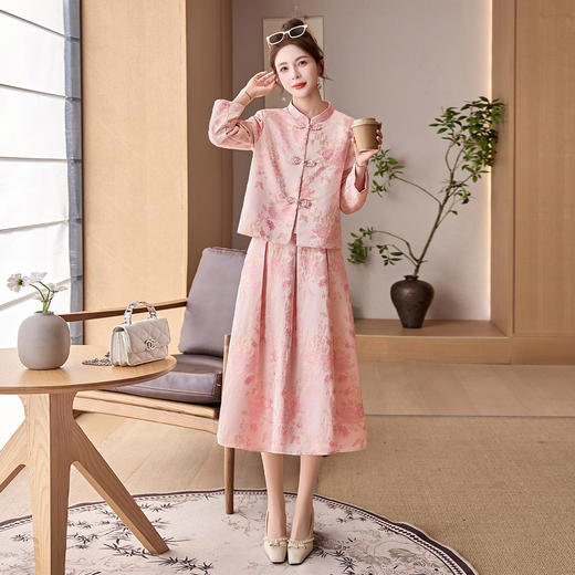 春季新款新中式设计感显瘦外套百褶裙两件套裙HR-LDB2608 商品图1