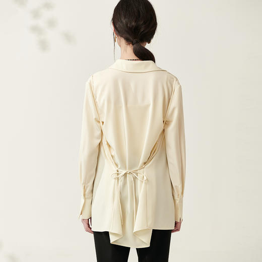 剩S/M/L/XL 芳外新款设计感绑带收腰淡黄色衬衫简约中长款衬衣女8T23AC0030 商品图4