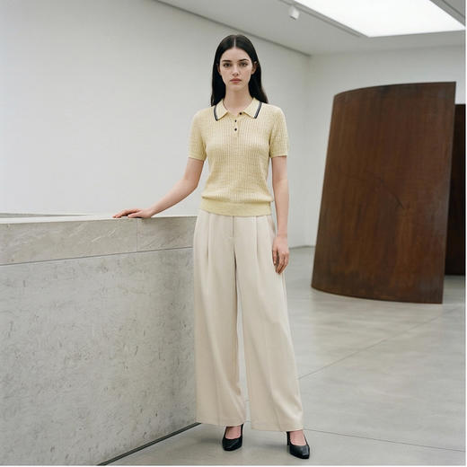 PALUOPO/PL羊毛亚麻混纺坑条 POLO 衫撞色翻领针织短袖ES250951M 商品图14