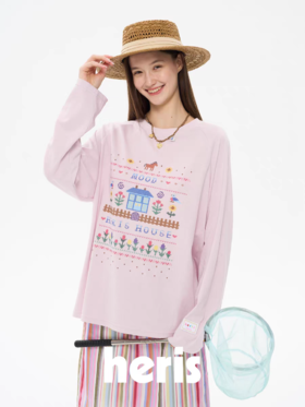 heris/H61111/花园小屋印花 薄透雪花棉防晒 宽松大版型针织长袖T