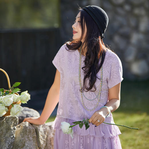 【林栖设计小店】一帘幽梦|提花桑蚕丝荷叶边2026夏新款毛织上衣1962081 商品图0