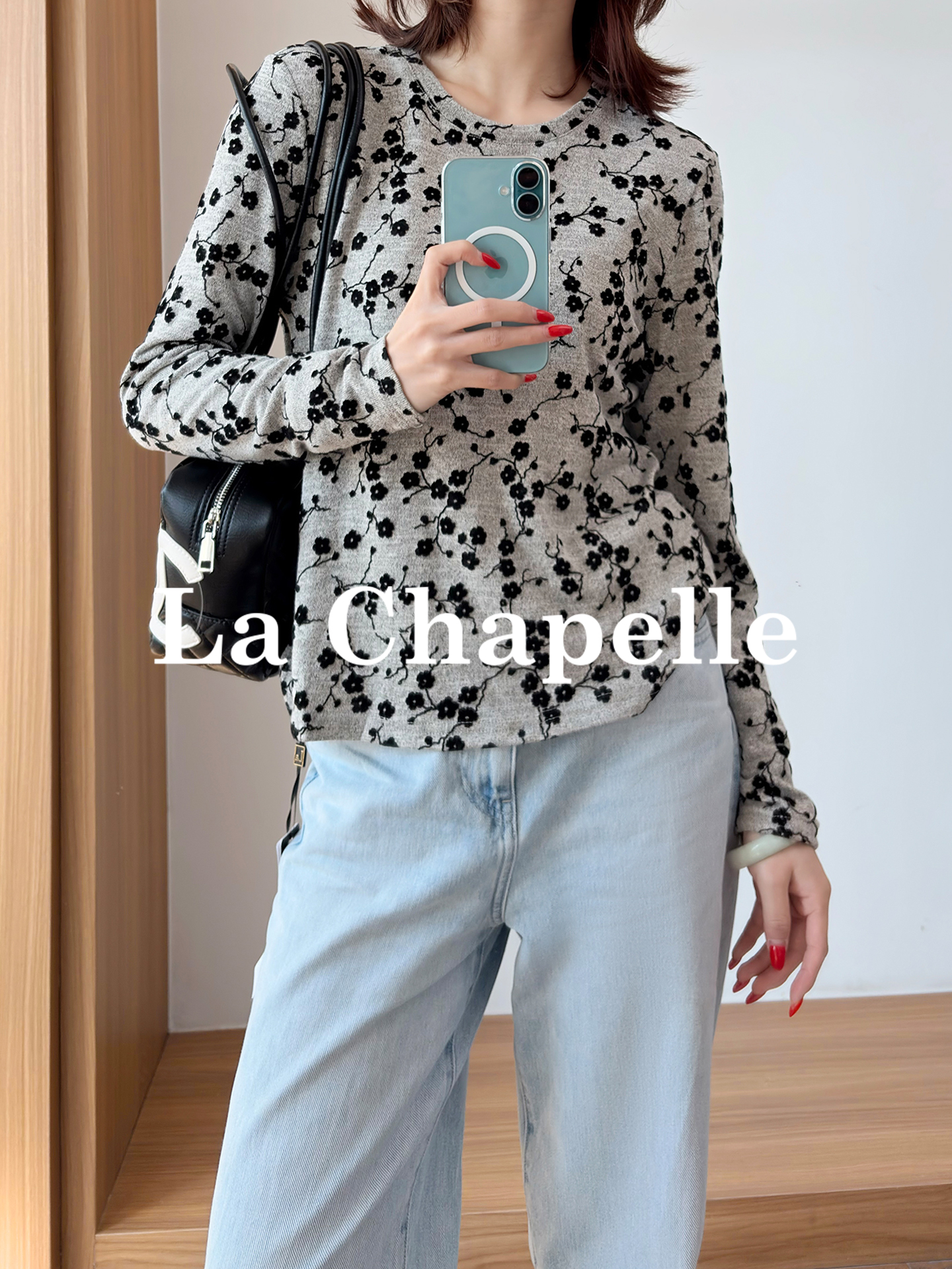 专柜实拍【植绒碎花T恤】拉夏贝尔/La Chapelle私藏尖货！复古文艺风长袖T恤柔软圆领时尚打底衫