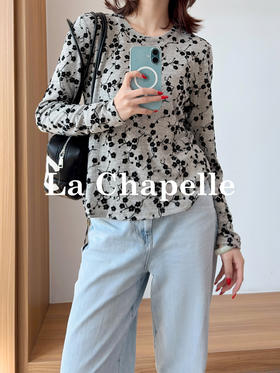 专柜实拍【植绒碎花T恤】拉夏贝尔/La Chapelle私藏尖货！复古文艺风长袖T恤柔软圆领时尚打底衫