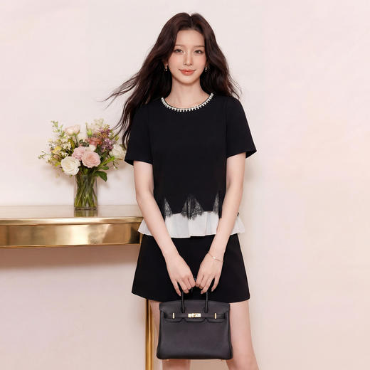 奢姿大码女装2026夏季胖妹妹钻饰领拼接蕾丝套装气质通勤两件套9962953620 商品图1