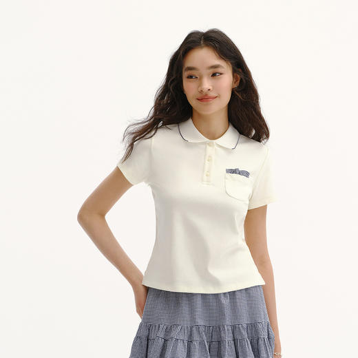 商场同款|森马POLO衫女夏季修身拼接格纹2026新款温柔小个子衣服 商品图2