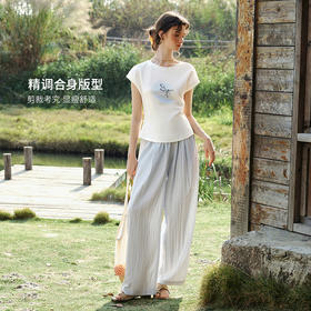 欧芮儿印花钉扣连袖设计感2026年新款夏季白色圆领休闲通勤风T恤