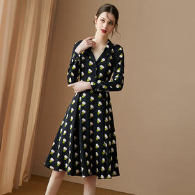 剩S/L 米思阳2025秋新款时尚气质黑色大摆裙子收腰显瘦印花连衣裙0420