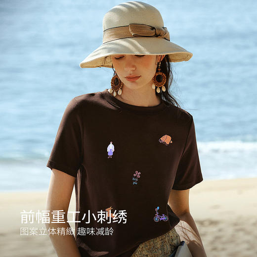 欧芮儿2026新款夏季通勤风质感休闲百搭咖色重工刺绣圆领短袖T恤 商品图0