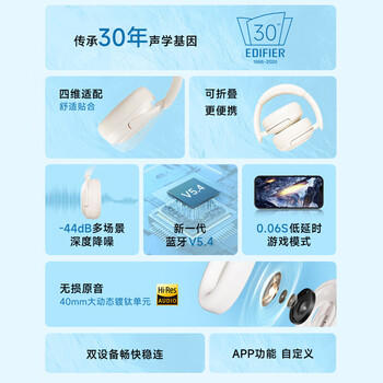 漫步者（EDIFIER）W800BT Free降噪版【经典升级】头戴式主动降噪蓝牙耳机 游戏适用 适用苹果华为小米 云白 /数码 /影音娱乐 /蓝牙/无线耳机 商品图6