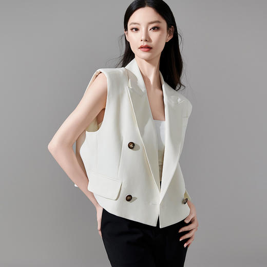 剩L/XL 芳外2026春季新款黑色百搭双排扣无袖外套女宽松休闲短款马夹0092 商品图1