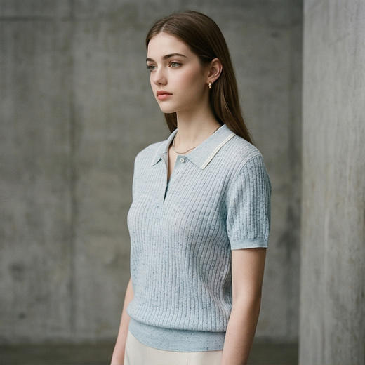 PALUOPO/PL羊毛亚麻混纺坑条 POLO 衫撞色翻领针织短袖ES250951M 商品图6