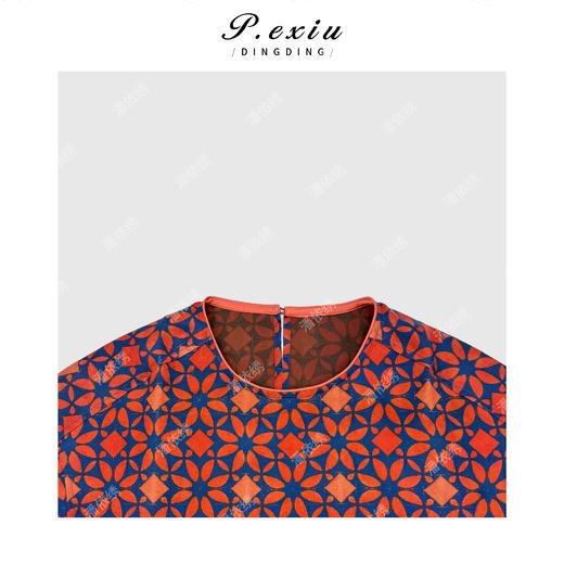 PanYiXiu/潘依绣100桑蚕丝花萝香云纱复古撞色圆领印花上衣 AB26252-1 商品图2