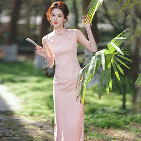 粉色无袖新中式长款改良旗袍，2026新款年轻款女高级感礼服 SC23023