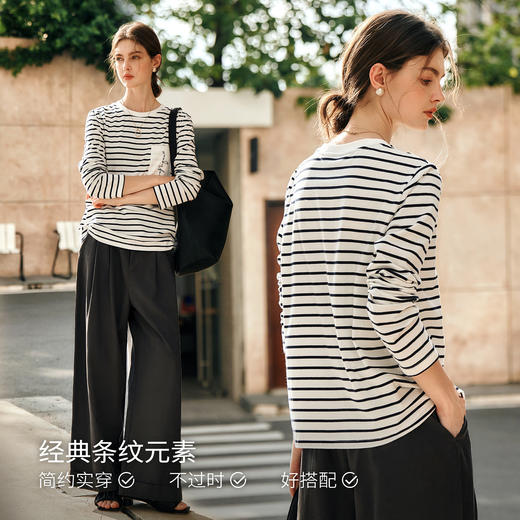 欧芮儿2025年新款春季圆领上衣撞色条纹口袋刺绣休闲简约长袖T恤 商品图2