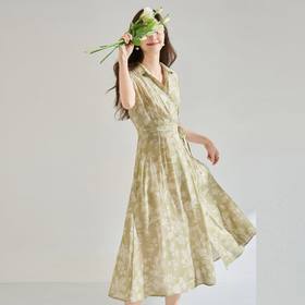 「高货sh」全新升级【铂金会员266/天猫359/差价93】(01806)洛诗琳法式淡雅印花衬衫裙2026春夏收腰显瘦无袖系带裙