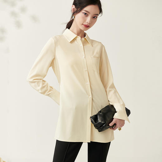 剩S/M/L/XL 芳外新款设计感绑带收腰淡黄色衬衫简约中长款衬衣女8T23AC0030 商品图3