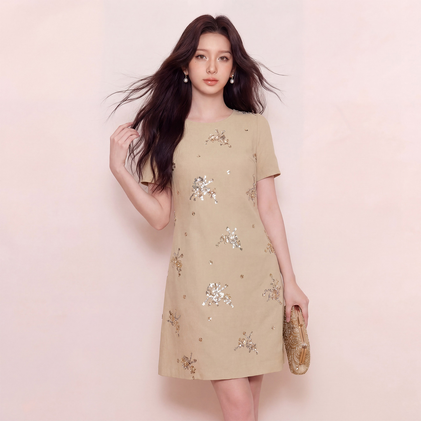 奢姿大码女装2026夏季胖妹妹时尚钻饰花朵圆领连衣裙气质减龄裙子9962860071