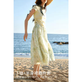 欧芮儿法式印花设计2026年新款夏季女绿色度假风抽绳收腰时尚套装