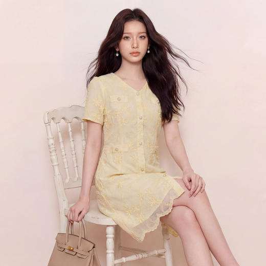 奢姿大码女装2026夏季立体花刺绣连衣裙胖妹妹温柔风V领茶歇裙9962860002 商品图0