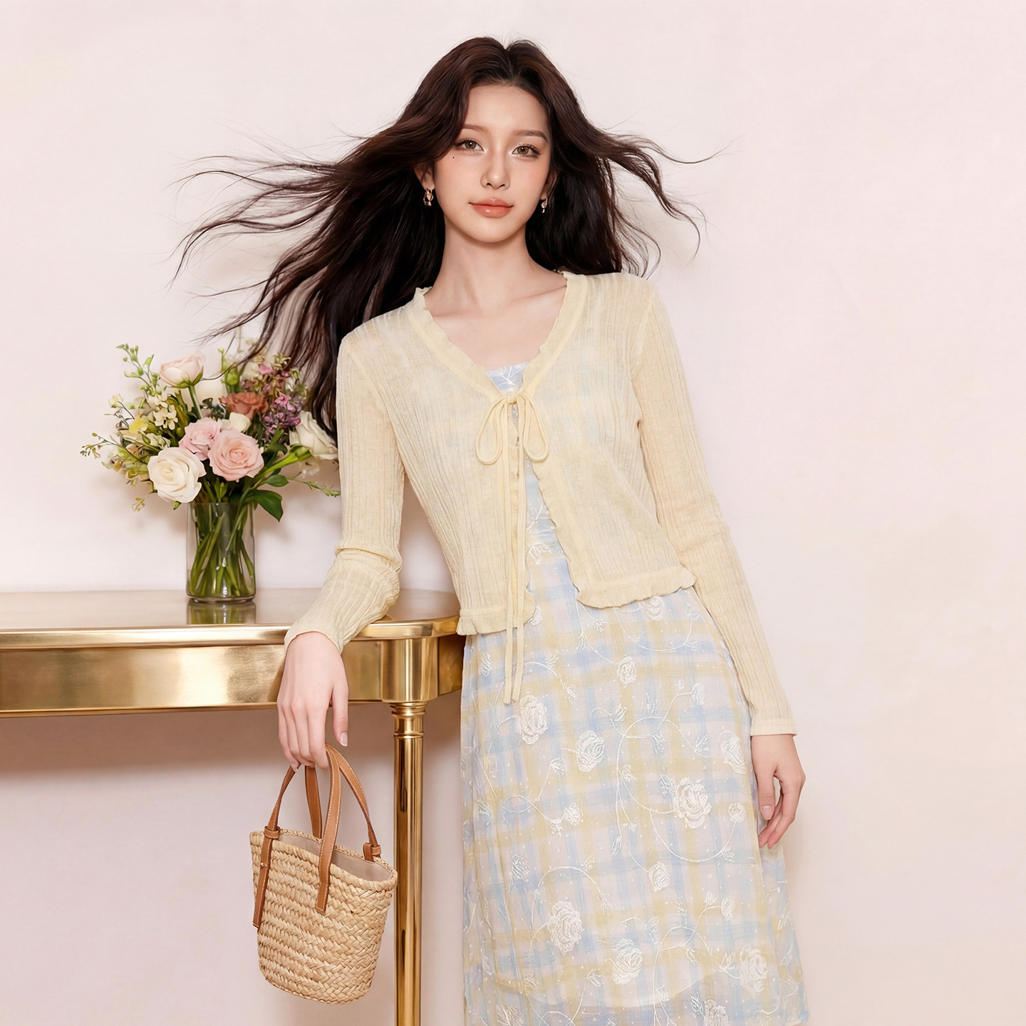 奢姿大码女装2026夏季胖妹妹时尚木耳边设计针织开衫气质减龄上衣9862360059A