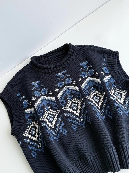 【蓝染棒针民族风提花毛织背心】正面蓝白提花，像把水墨画穿在身上！背面阿兰绞花！有温暖的手工感WD 商品图7