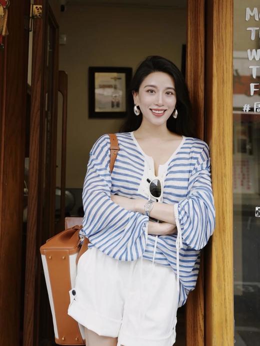 【蚕丝羊毛绑带罗马领条纹上衣】春夏可当防晒软糯亲肤，度假通勤都能穿WD 商品图1