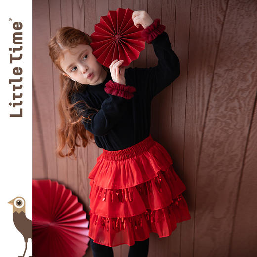 LittleTime女童T恤2025秋冬新款网纱花边磨毛保暖圆领长袖针织衫 商品图1