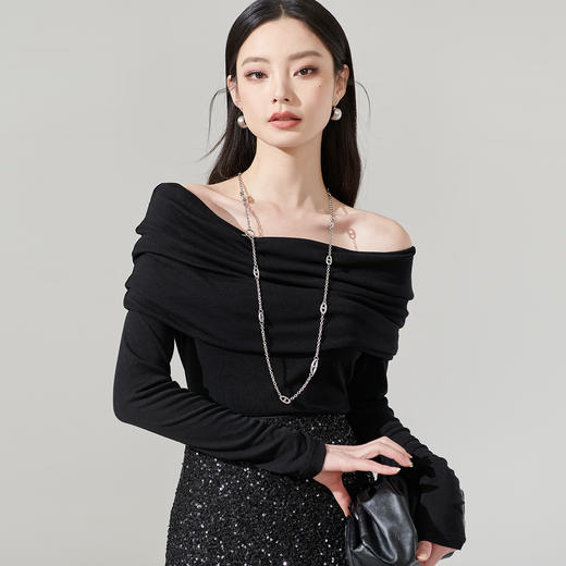 剩S/M/L/XL 米思阳新款气质荡领露肩款薄款T恤洋气纯色打底衫女8T24AT0024 商品图2