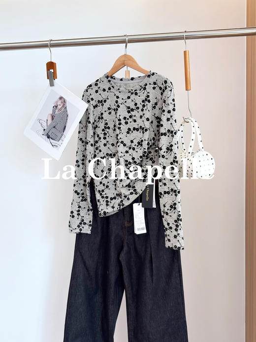 专柜实拍【植绒碎花T恤】拉夏贝尔/La Chapelle私藏尖货！复古文艺风长袖T恤柔软圆领时尚打底衫 商品图4