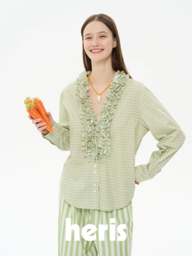 heris/H61115/色彩学院格纹 浪漫V领立体花边 短款调节收腰显瘦衬衫