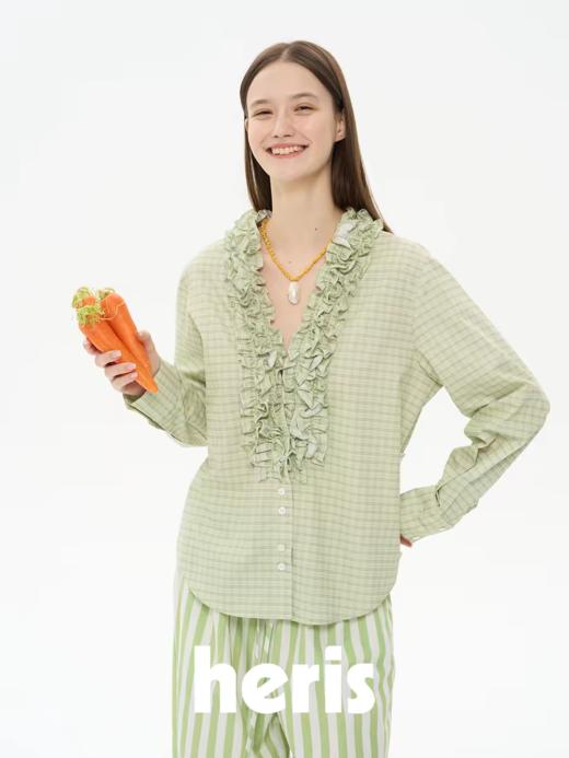 heris/H61115/色彩学院格纹 浪漫V领立体花边 短款调节收腰显瘦衬衫 商品图0