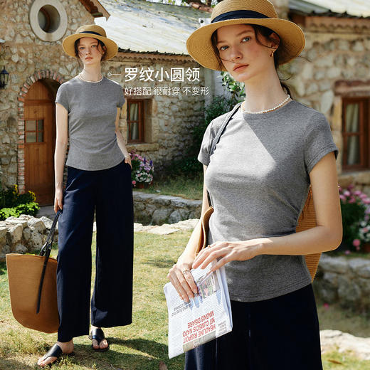 欧芮儿2026年新款夏季收腰设计修身灰色圆领休闲风棉针织短袖T恤 商品图1