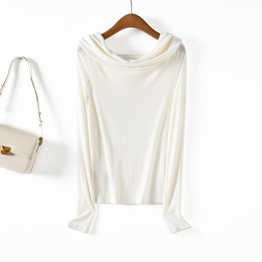 剩S/M/L/XL 米思阳新款气质荡领露肩款薄款T恤洋气纯色打底衫女8T24AT0024 商品图3