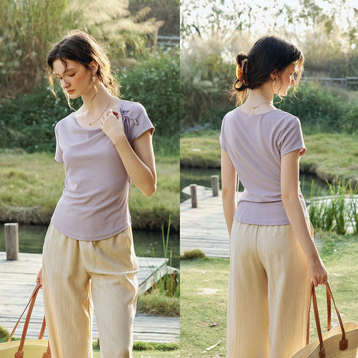 欧芮儿莱赛尔抽绳领口印花设计2026年新款夏季紫色休闲风短袖T恤 商品图2