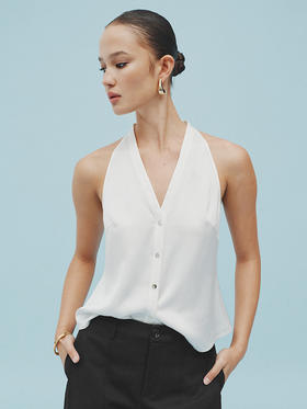 TR她热 银座通勤 白色缎面V领单排扣简约风百搭通勤衬衫式挂脖背心