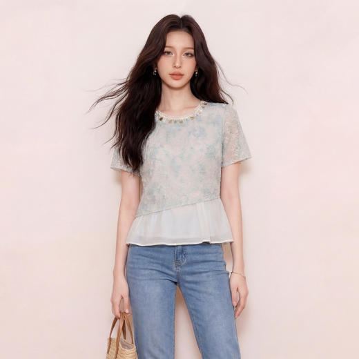 奢姿大码女装2026夏季胖妹妹时尚拼接提花上衣气质减龄清新小衫9962254513 商品图0